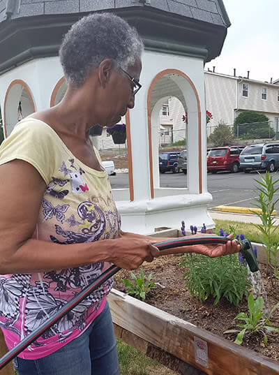 Elderly woman watering her plants